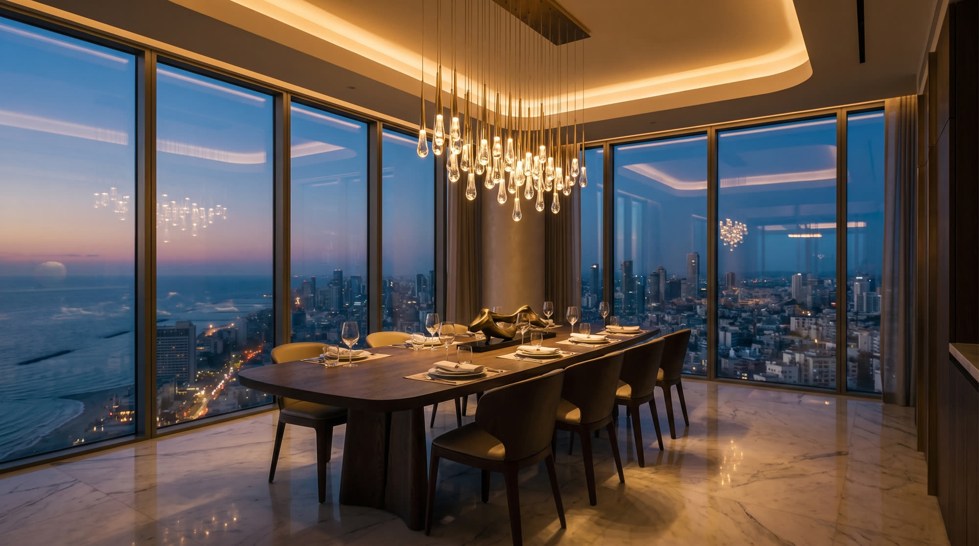 Formal dining beneath a champagne chandelier