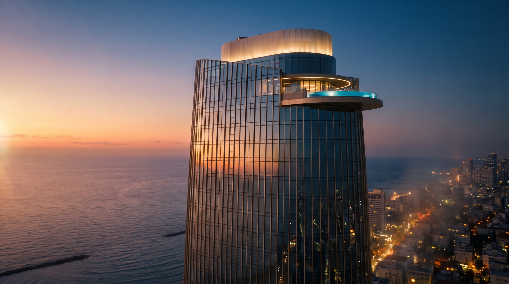 The Meridian tower at dusk